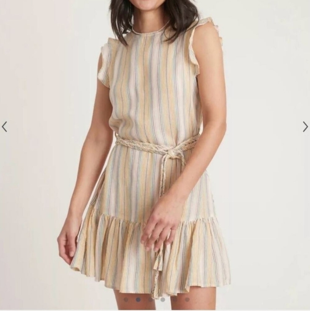 Marine Layer Womens Rainbow Striped Ruffled Braided Belt Midi Dress S